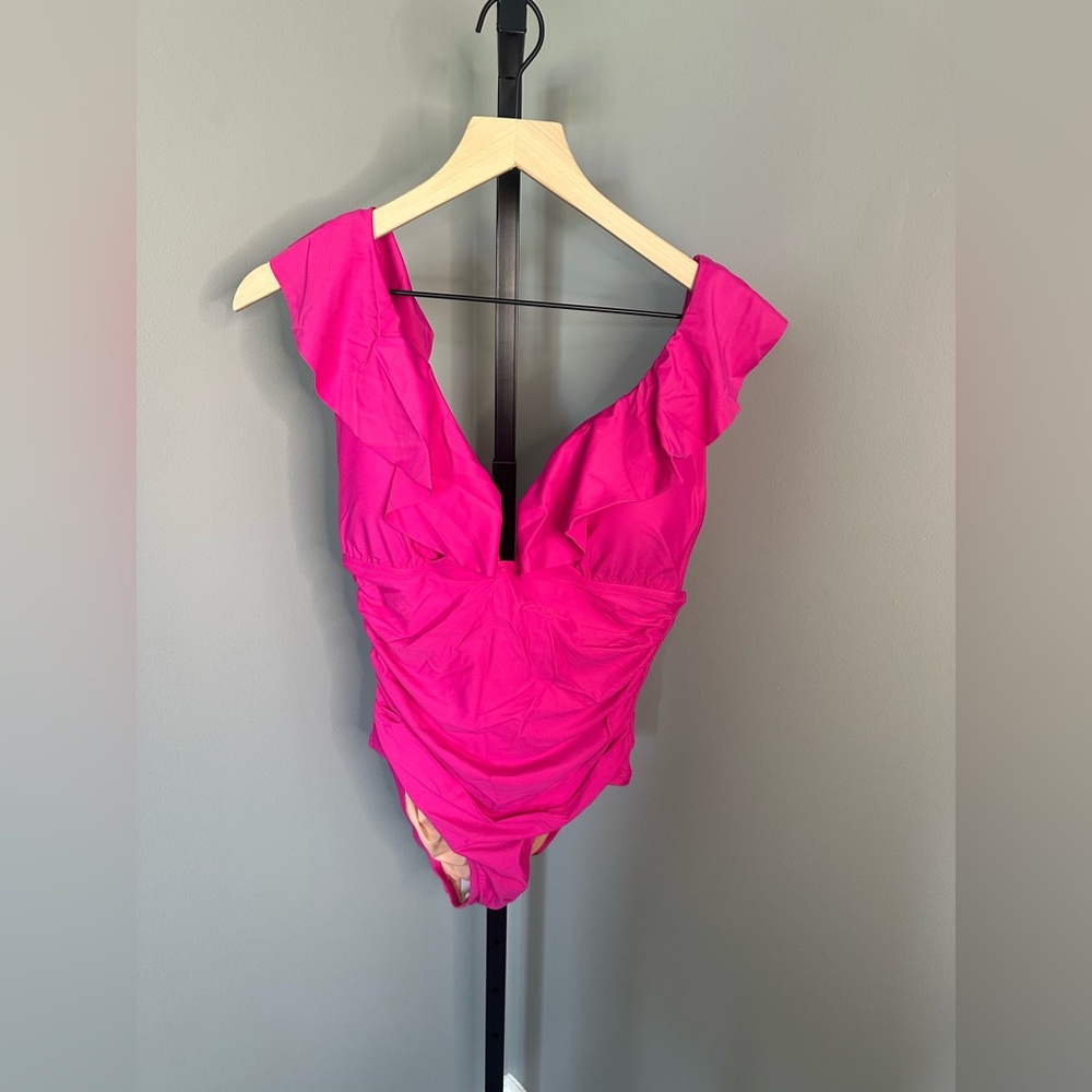 J Crew Dark Pink Ruched Ruffle One-Piece‎ Swimsuit Size 10-NWT